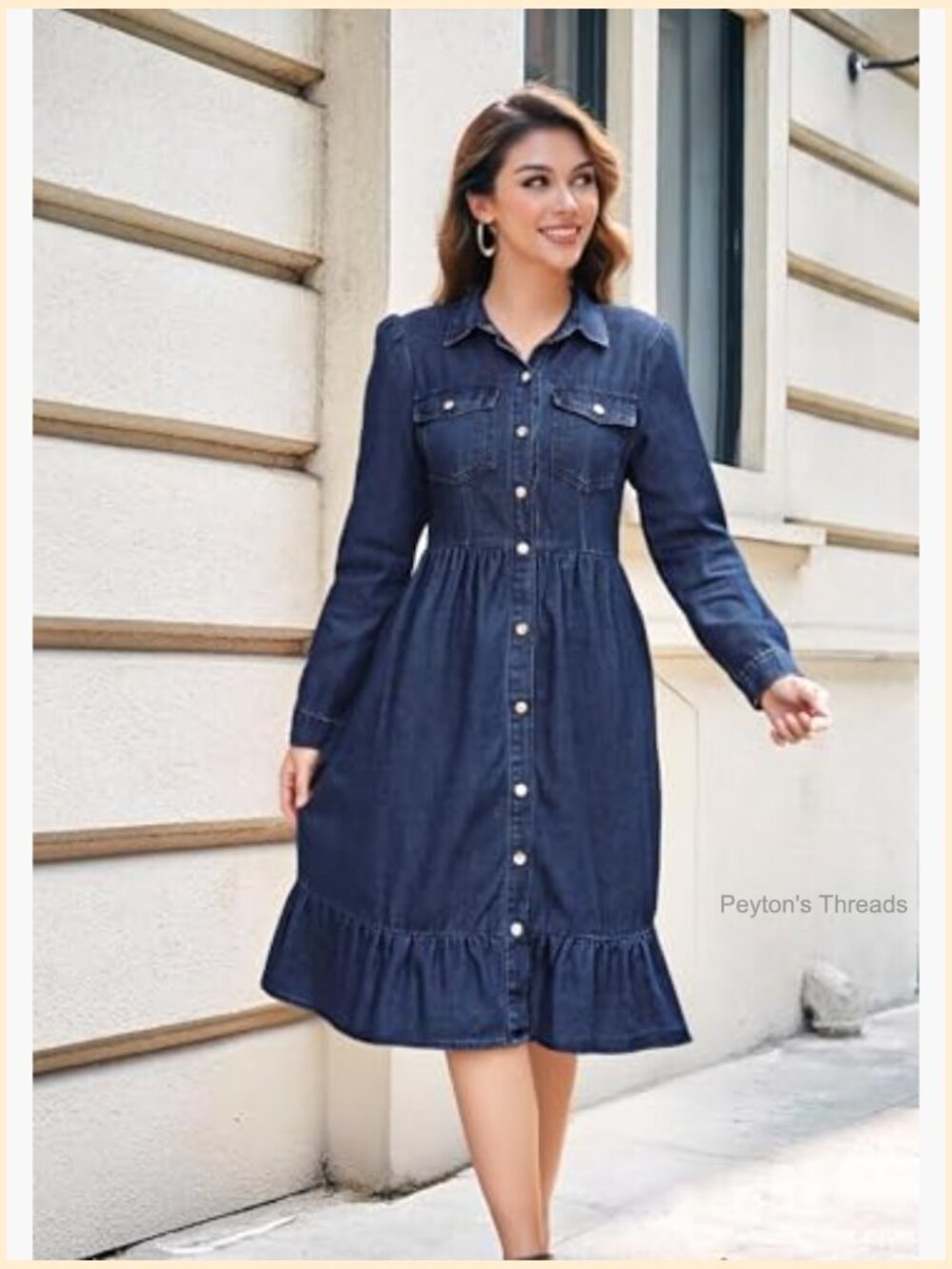 Flowy Denim Midi Dress A Line Ruffle Puff Long Sleeve Button Down Lapel Casual - Picture 4 of 7